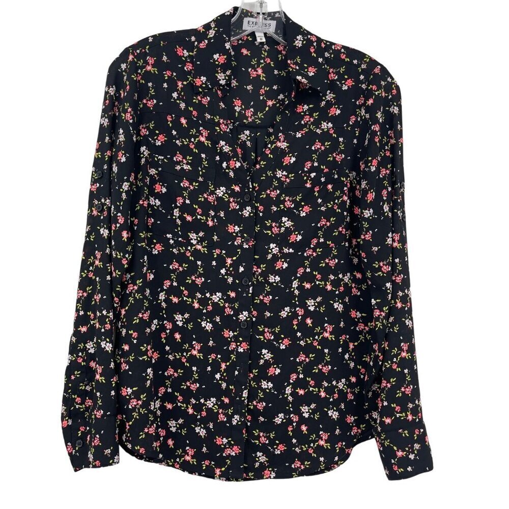 Express The Portofino Shirt Women's XS Floral Polyester Long Roll Tab Sleeves